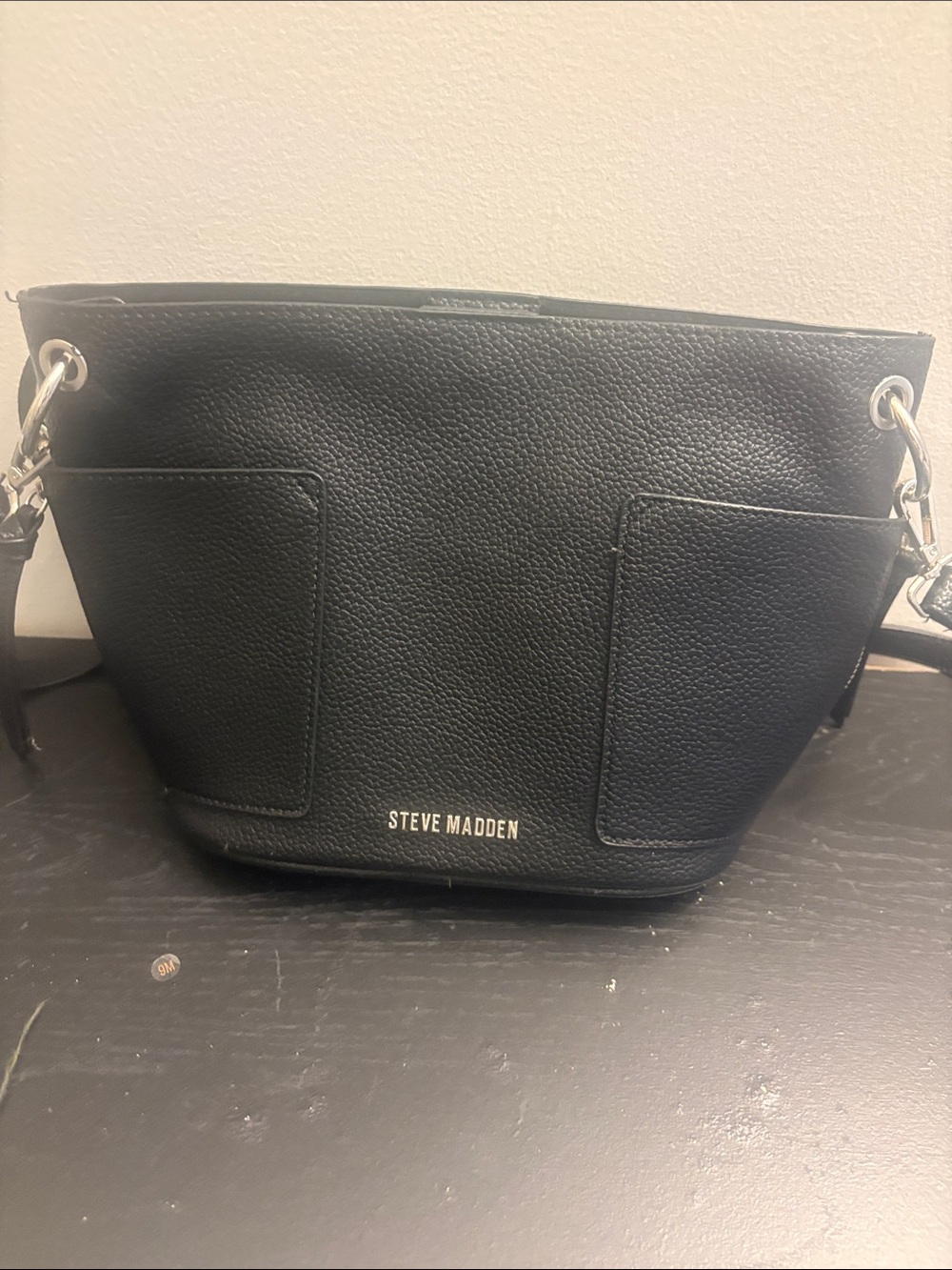 Steve Madden Black Pebbled Leather Messenger Bag with Silver Hardware